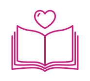 Icon of an open book with a heart floating above