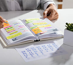mage of a person taking notes and studying with colorful sticky pads